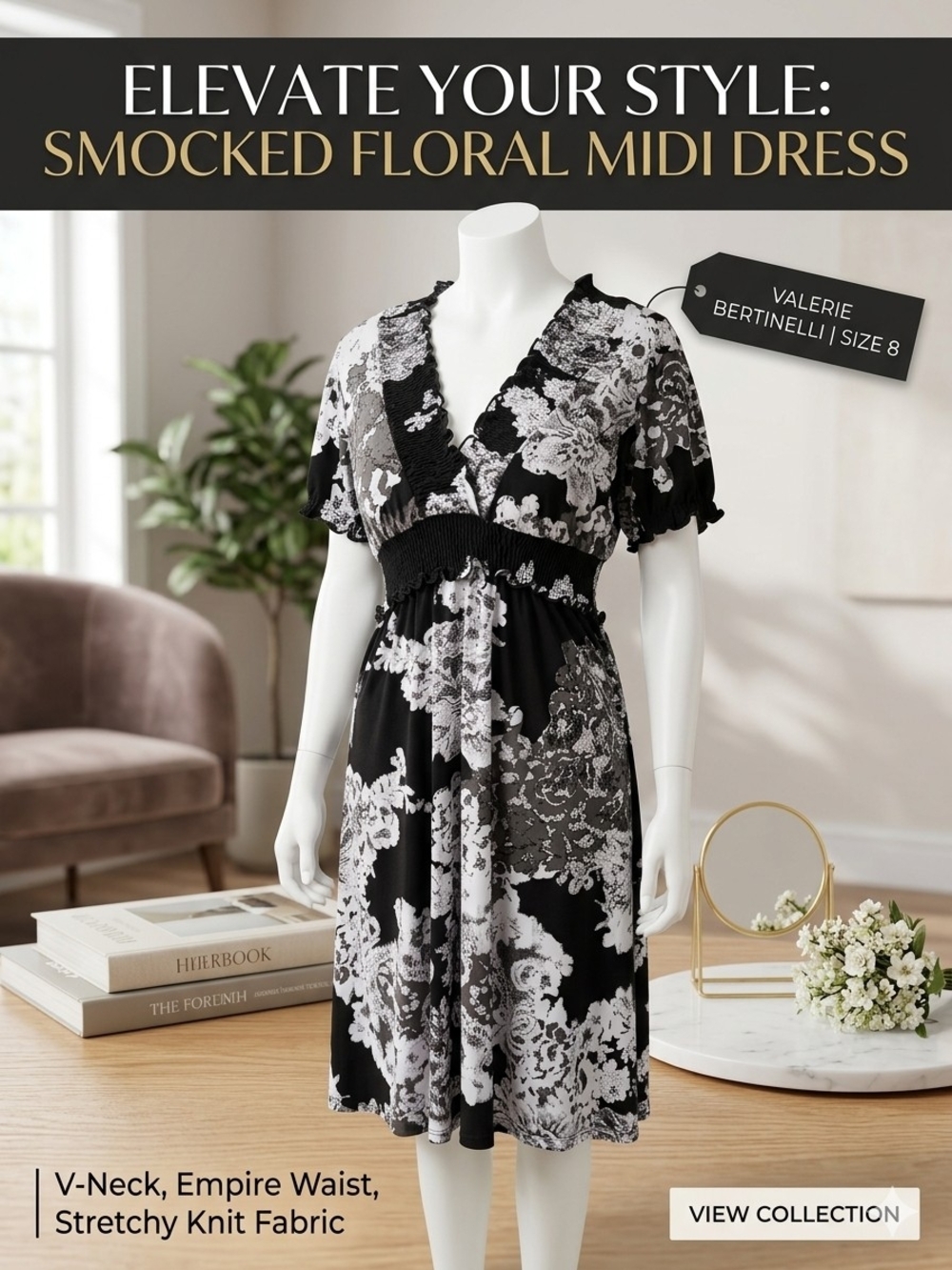 Valerie Bertinelli Black & White Smocked Floral V‑Neck Dress